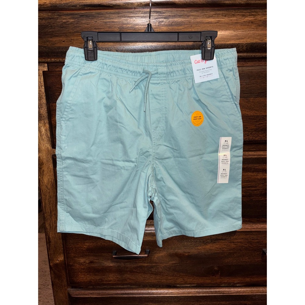 Cat & Jack Girls XL 14 Husky Pull On Shorts Light Teal Blue Cotton w/ Drawstring